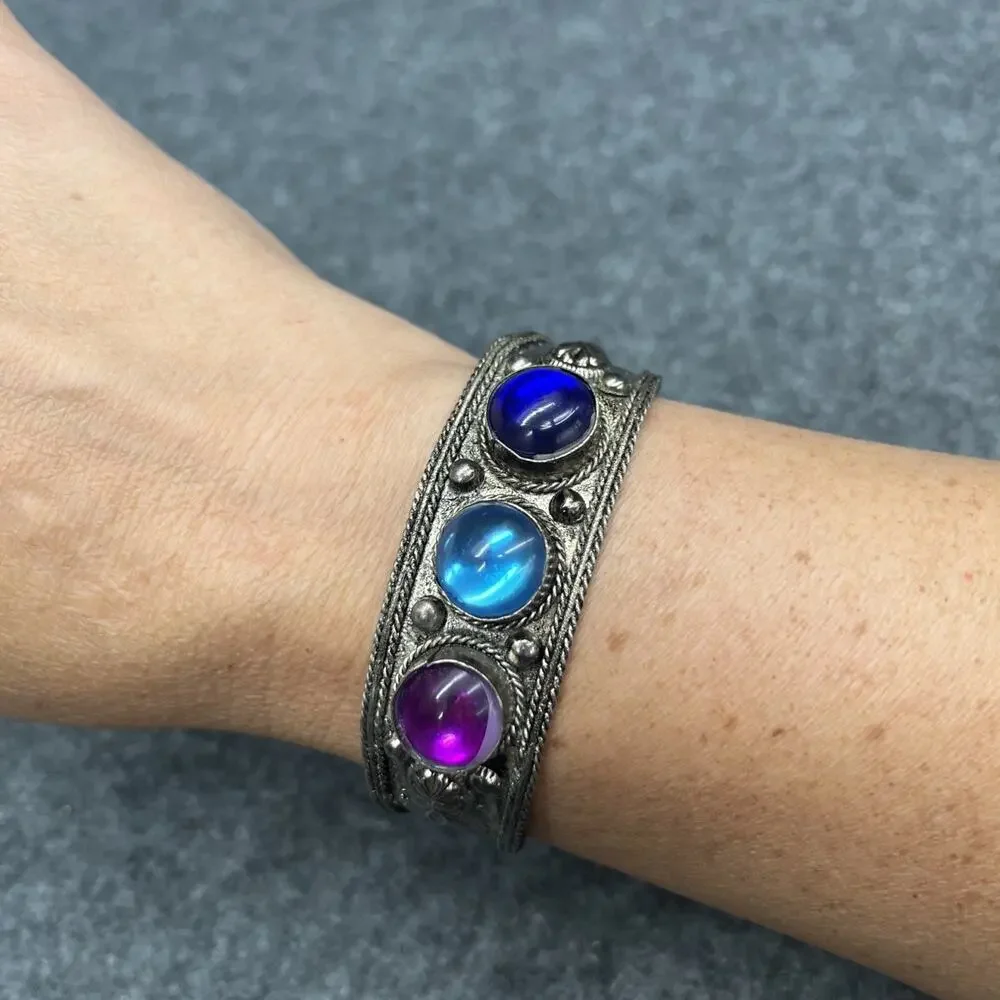 Vintage Tibetan Silver Cuff Bracelet Blue Purple Cabochon Glass Ethnic Bohemian